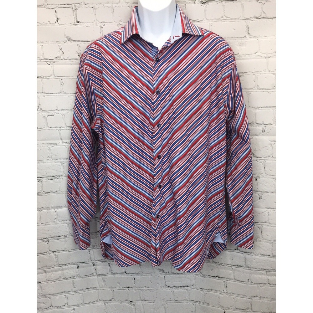 Tommy Hilfiger Men's Shirt Large Stripe Red Blue 100% Cotton Long Sleeve Disco